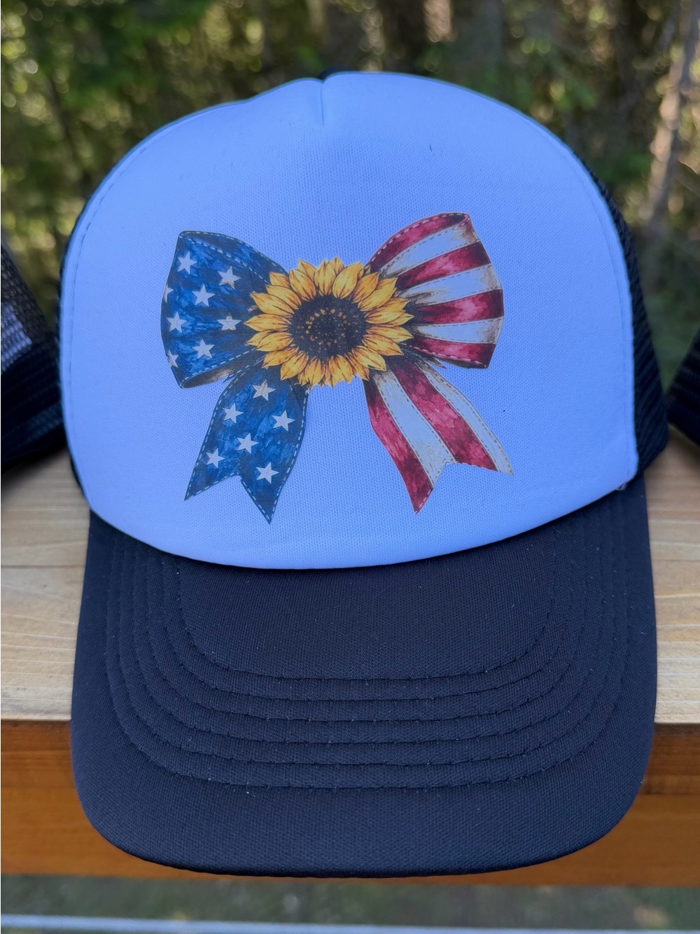 Trucker Hat with American Flag Sunflower Bow - Blue & Black